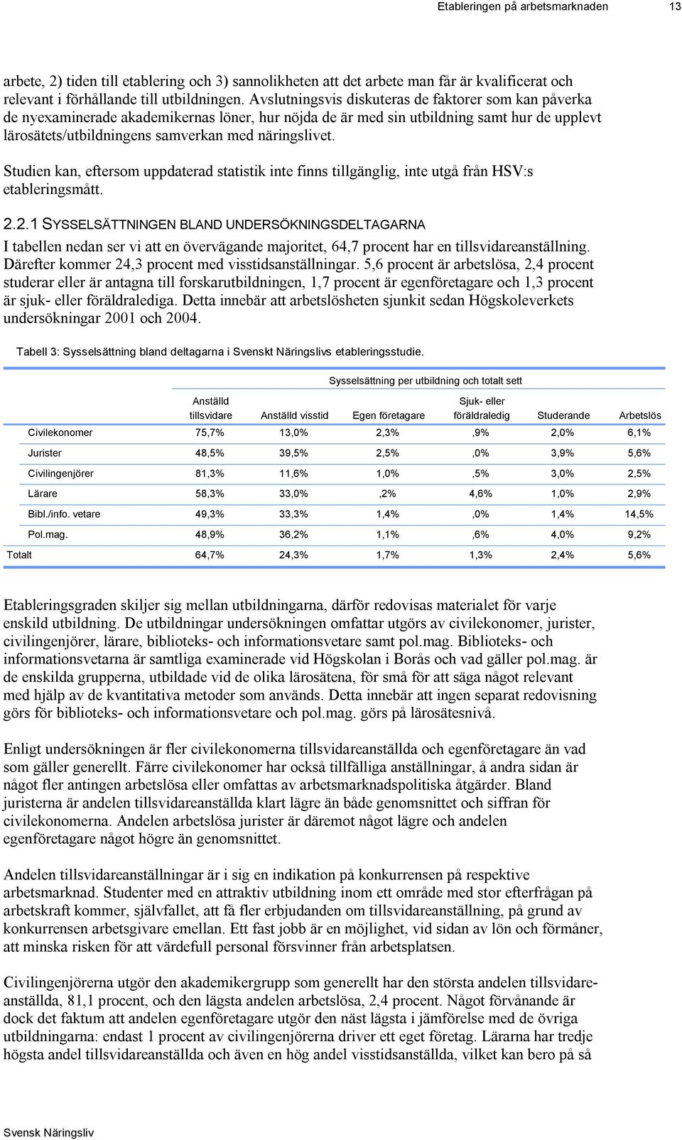 Studien kan, eftersom uppdaterad statistik inte finns tillgänglig, inte utgå från HSV:s etableringsmått. 2.