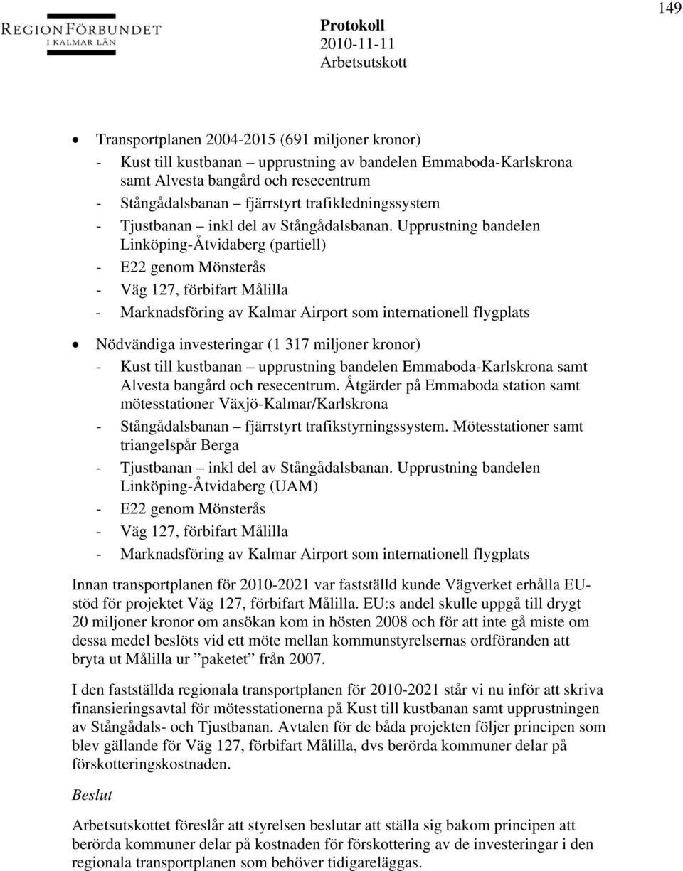 Upprustning bandelen Linköping-Åtvidaberg (partiell) - E22 genom Mönsterås - Väg 127, förbifart Målilla - Marknadsföring av Kalmar Airport som internationell flygplats Nödvändiga investeringar (1 317