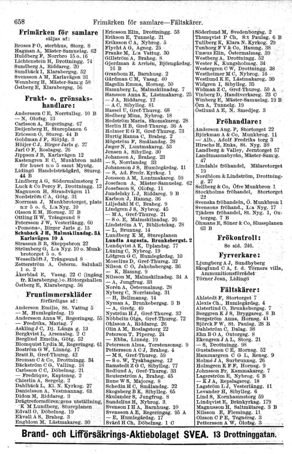 53,Söderlund M, Svedenborgsg. 2 Erikson E, 'I'uunelg. 21 'I'hunqvist P Ch, S:t Paulsg. 6 B Andersson CE, Norrtullsg. 10 B Hedberg Mina, Nybrog. 18 - N, Olofsg. 13 HedströmMaria, Skornakareg.