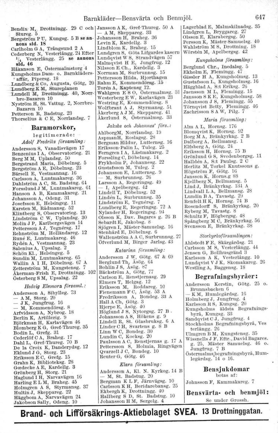 12 Håkanson E, Östermalmstorg '4 'Nilsson E Ch., Kardellg. 3 Kungsholms Dam- o. Barnkläders- Norrman M, Surbrunnsg. 15 affär,. Pipersg. 18 Pettersson Hilda, Hjorthagen.