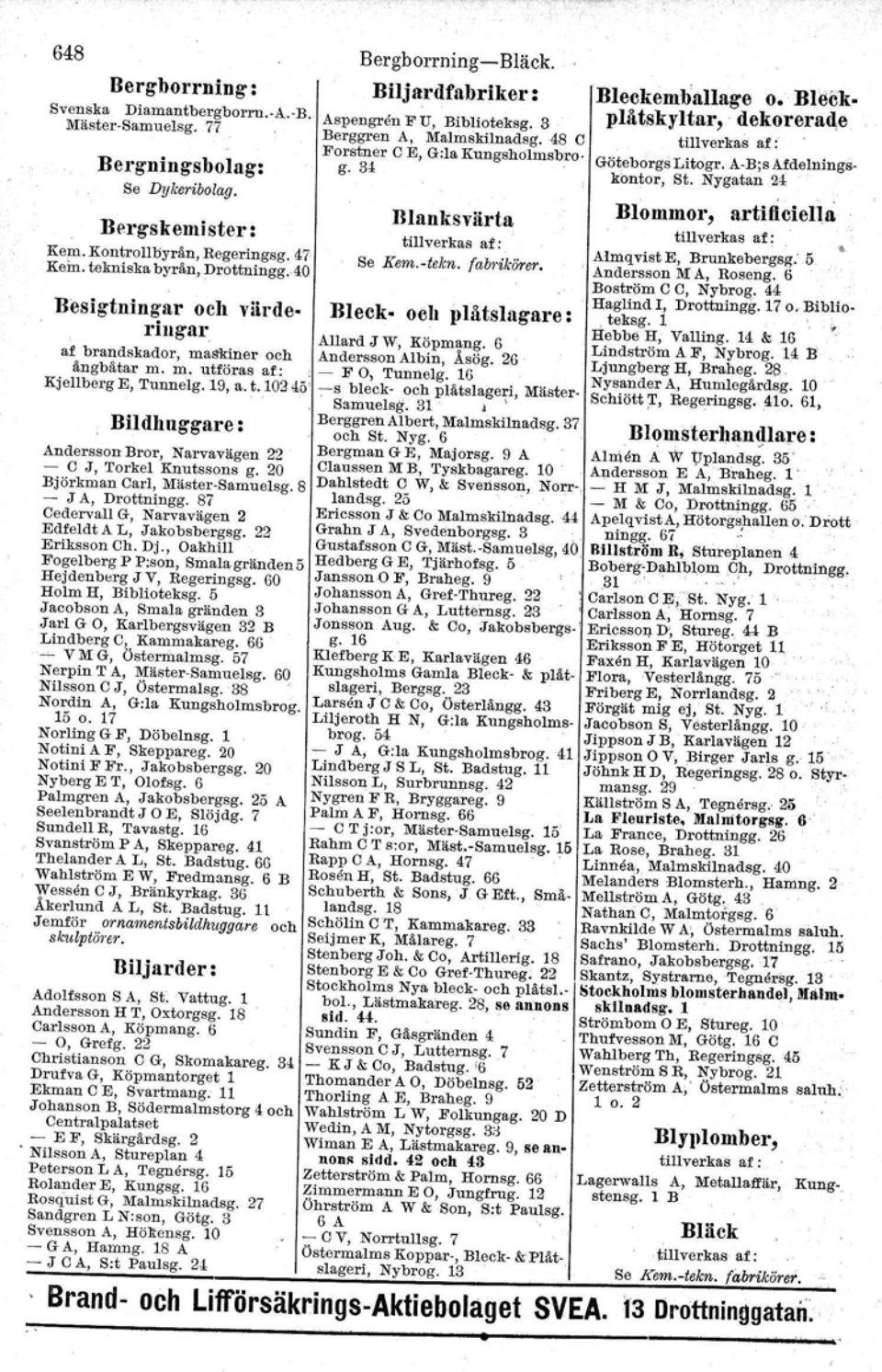och plåtslagare: ringar Allard J W, Köpmang. 6 af brandskador. maskiner och Andersson Albin, Åsög. 26 ångbåtar m. m. utföras af.:,- F O) Tunnelg. 16 Kjellberg E, Tunnelg. 19, a. t.