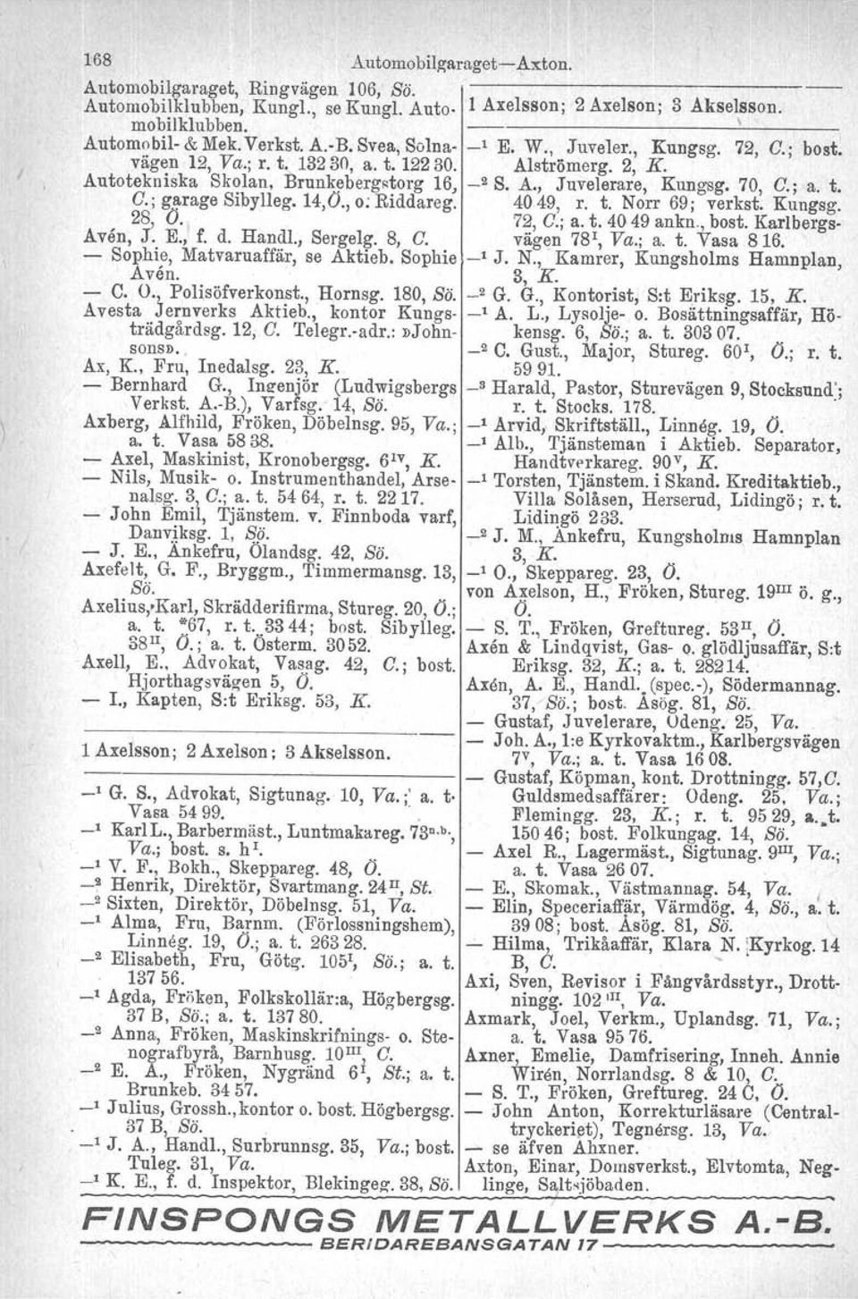 14,0., o; Riddareg. 4049, r. t. Norr 69; verkat, Kungsg. 28, V. 72, G.; a. t. 4049 ankn., bost. Karlbergs- Aven, J. E., f. d. Handl., Sergelg. 8, G. vägen 781, Va.; a. t. Vasa 816.