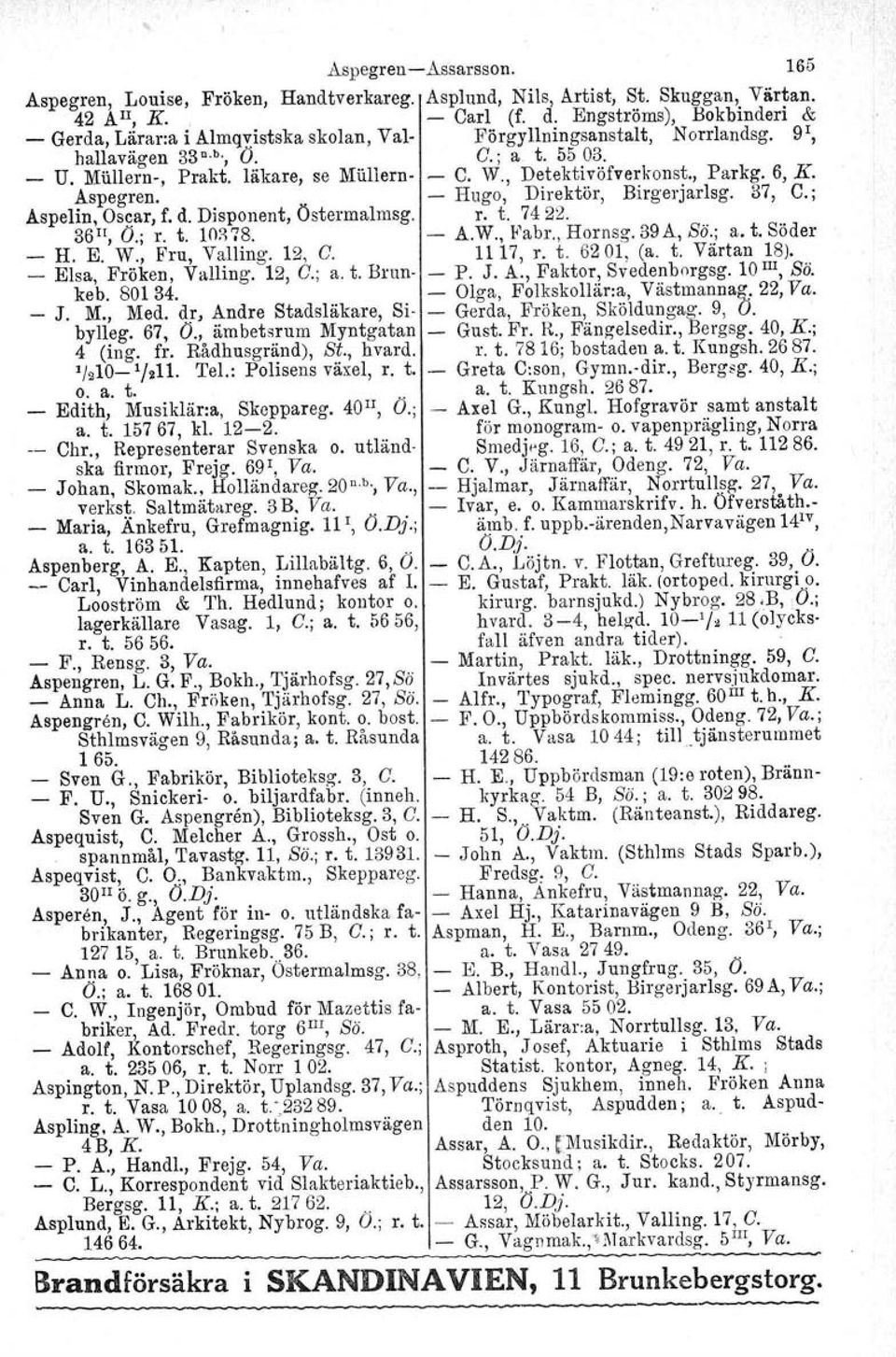 , Detektivöfverkonst., Par kg. 6, K. Aspegren. - Hugo, Direktör, Birgerjarlsg. 37, C.; Aspelin, Oscar, f. d. Disponent, Östermalmsg. r. t. 7422. 36H, O.; r. t. 10:'178. - A.W., Fabr., Hornsg. 39A, Sö.