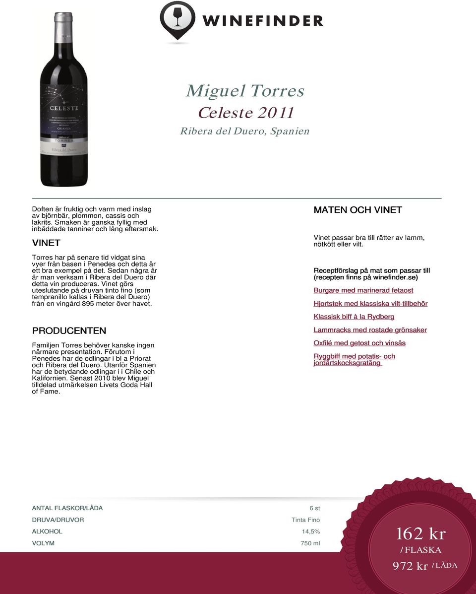 Vinet görs uteslutande på druvan tinto fino (som tempranillo kallas i Ribera del Duero) från en vingård 895 meter över havet. Familjen Torres behöver kanske ingen närmare presentation.