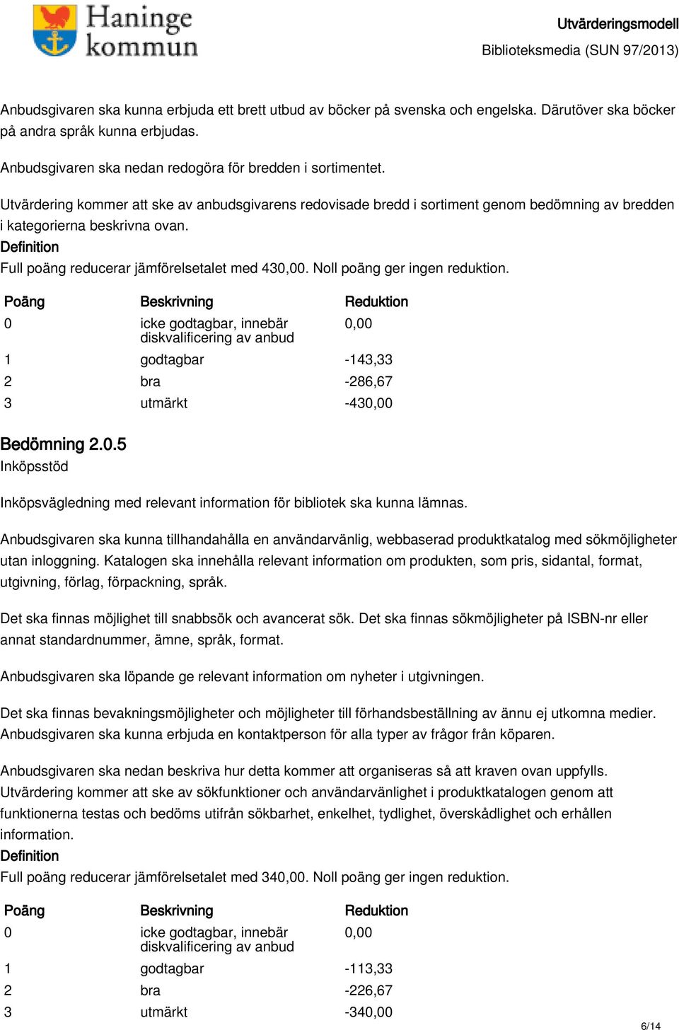 Noll poäng ger ingen reduktion. 0 icke godtagbar, innebär diskvalificering av anbud 1 godtagbar -143,33 2 bra -286,67 3 utmärkt -43 Bedömning 2.0.5 Inköpsstöd Inköpsvägledning med relevant information för bibliotek ska kunna lämnas.