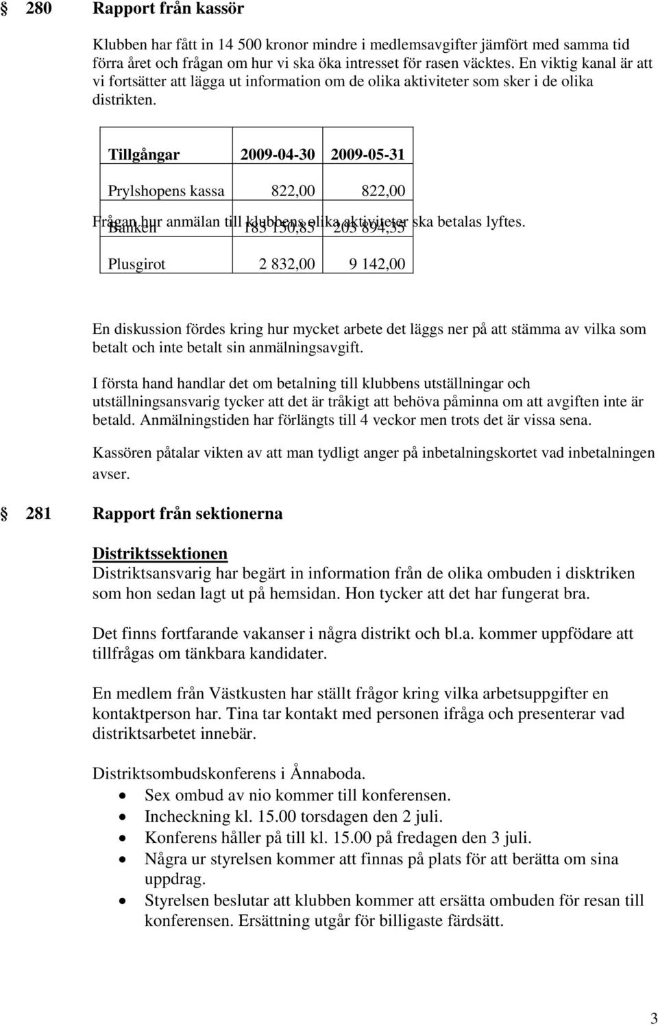 Tillgångar 2009-04-30 2009-05-31 Prylshopens kassa 822,00 822,00 Frågan Banken hur anmälan till 183 klubbens 150,85 olika 203 aktiviteter 894,35 ska betalas lyftes.