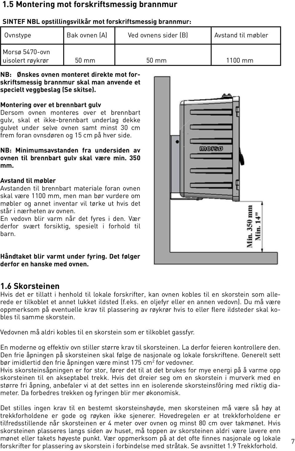 Montering over et brennbart gulv Dersom ovnen monteres over et brennbart gulv, skal et ikke-brennbart underlag dekke gulvet under selve ovnen samt minst 30 cm frem foran ovnsdøren og 15 cm på hver