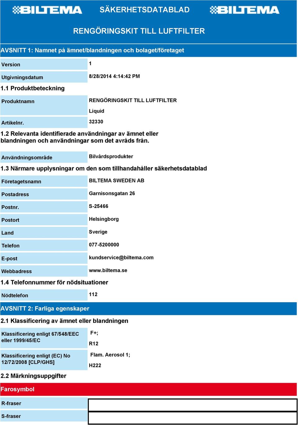 Användningsområde Bilvårdsprodukter 1.3 Närmare upplysningar om den som tillhandahåller säkerhetsdatablad Företagetsnamn BILTEMA SWEDEN AB Postadress Garnisonsgatan 26 Postnr.