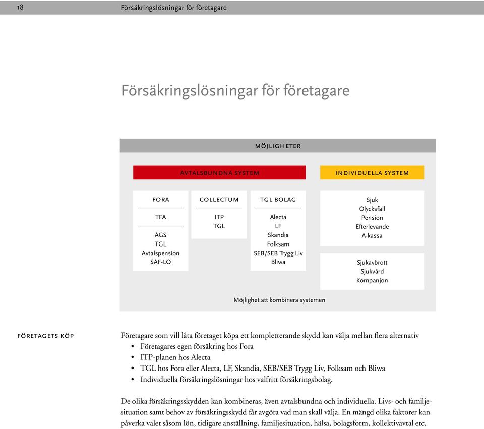 företaget köpa ett kompletterande skydd kan välja mellan flera alternativ Företagares egen försäkring hos Fora ITP-planen hos Alecta TGL hos Fora eller Alecta, LF, Skandia, SEB/SEB Trygg Liv, Folksam