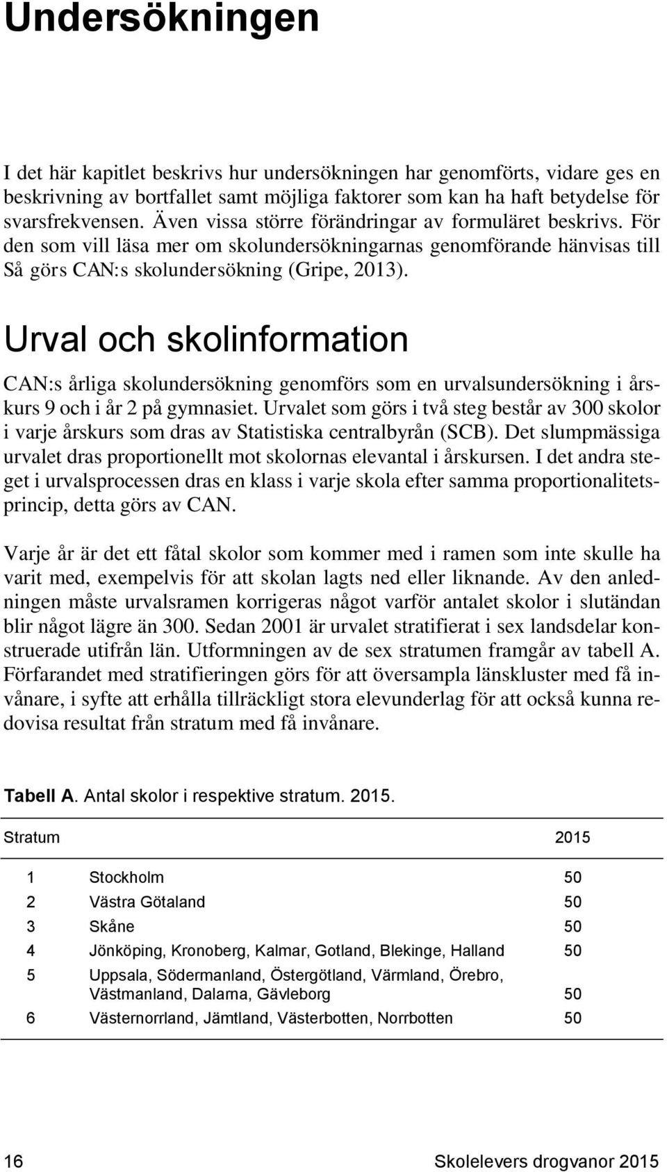 Urval och skolinformation CAN:s årliga skolundersökning genomförs som en urvalsundersökning i årskurs 9 och i år 2 på gymnasiet.