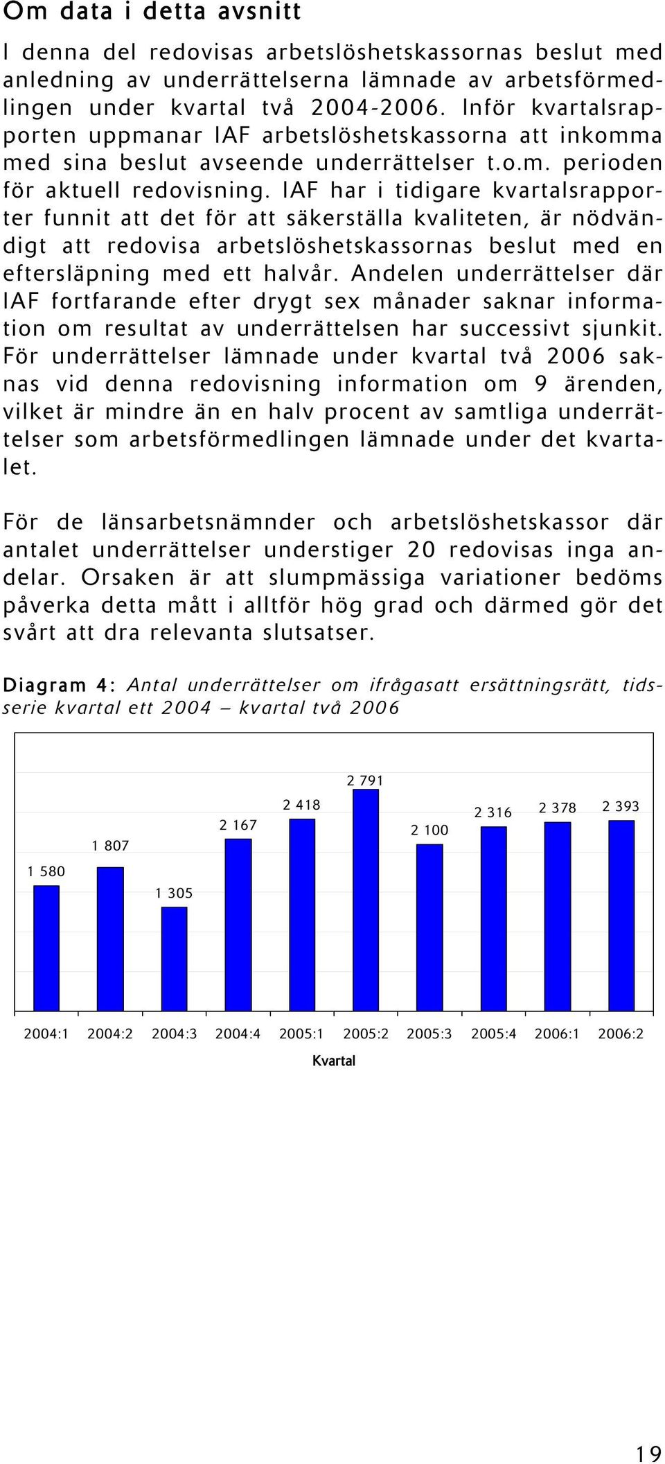 IAF har i tidigare kvartalsrapporter funnit att det för att säkerställa kvaliteten, är nödvändigt att redovisa arbetslöshetskassornas beslut med en eftersläpning med ett halvår.