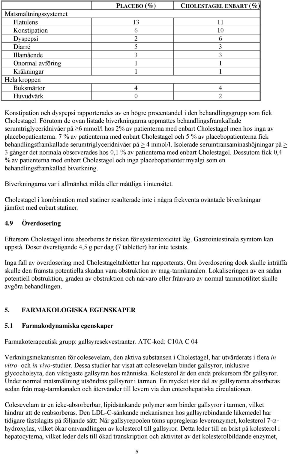 Förutom de ovan listade biverkningarna uppmättes behandlingsframkallade serumtriglyceridnivåer på 6 mmol/l hos 2% av patienterna med enbart Cholestagel men hos inga av placebopatienterna.