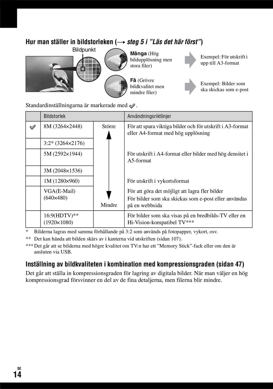 Bildstorlek 8M (3264 2448) 3:2* (3264 2176) 5M (2592 1944) 3M (2048 1536) 1M (1280 960) VGA(E-Mail) (640 480) 16:9(HDTV)** (1920 1080) Större Mindre Användningsriktlinjer För att spara viktiga bilder