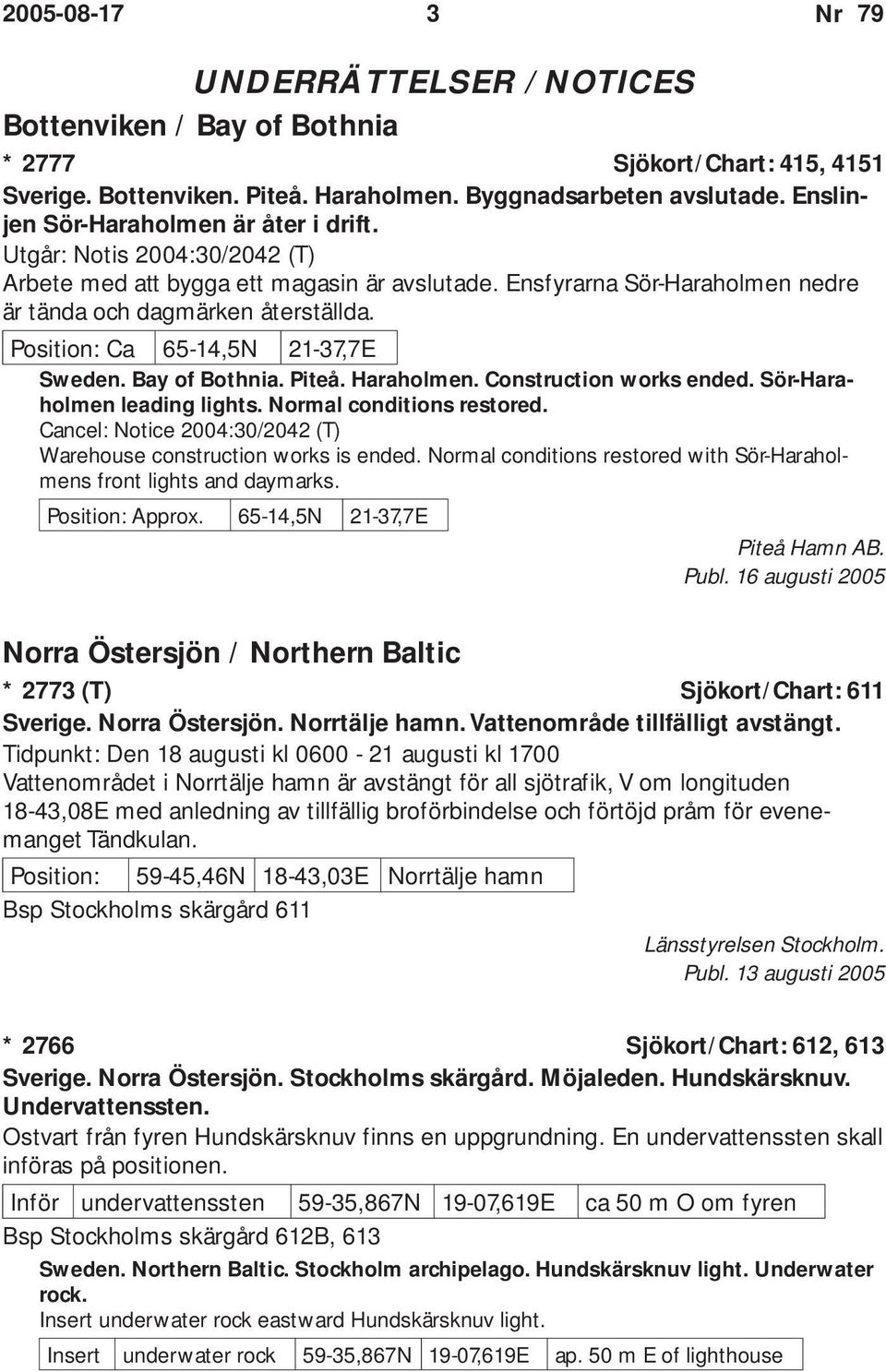 Position: Ca 65-14,5N 21-37,7E Sweden. Bay of Bothnia. Piteå. Haraholmen. Construction works ended. Sör-Haraholmen leading lights. Normal conditions restored.