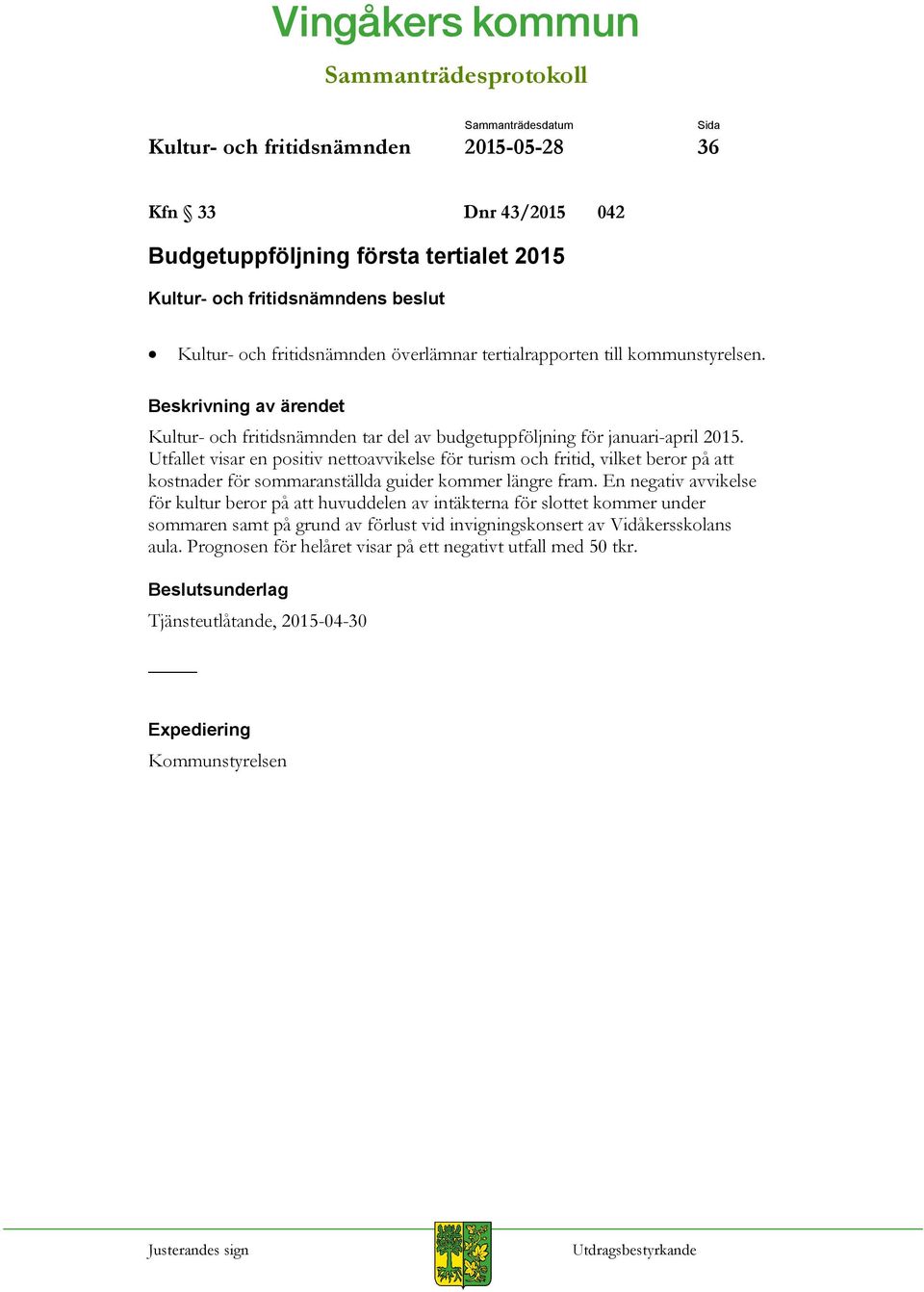 Utfallet visar en positiv nettoavvikelse för turism och fritid, vilket beror på att kostnader för sommaranställda guider kommer längre fram.