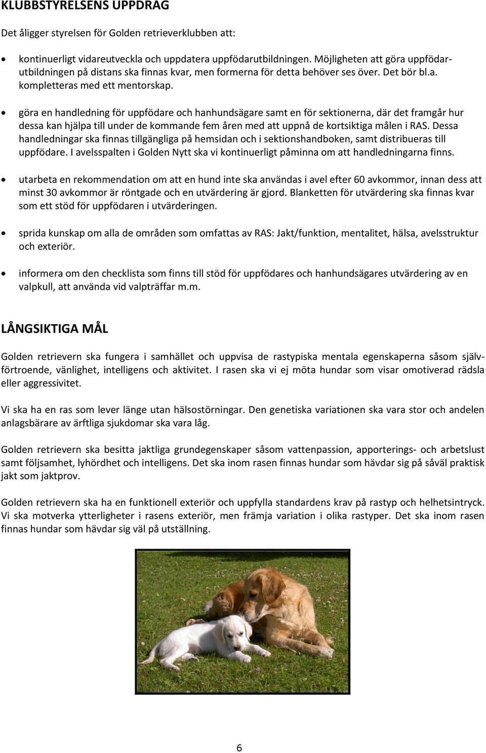 göra en handledning för uppfödare och hanhundsägare samt en för sektionerna, där det framgår hur dessa kan hjälpa till under de kommande fem åren med att uppnå de kortsiktiga målen i RAS.