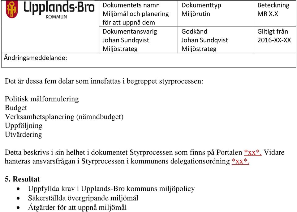 Uppföljning Utvärdering Detta beskrivs i sin helhet i dokumentet Styrprocessen som finns på Portalen *xx*.