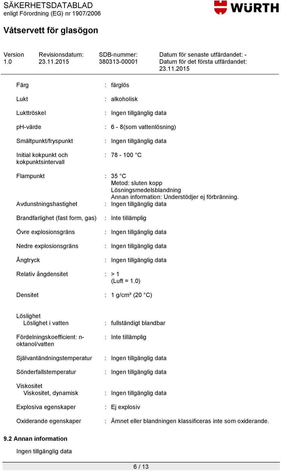 Avdunstningshastighet Brandfarlighet (fast form, gas) Övre explosionsgräns Nedre explosionsgräns Ångtryck : Inte tillämplig Relativ ångdensitet : > 1 (Luft = ) Densitet : 1 g/cm³ (20 C) Löslighet