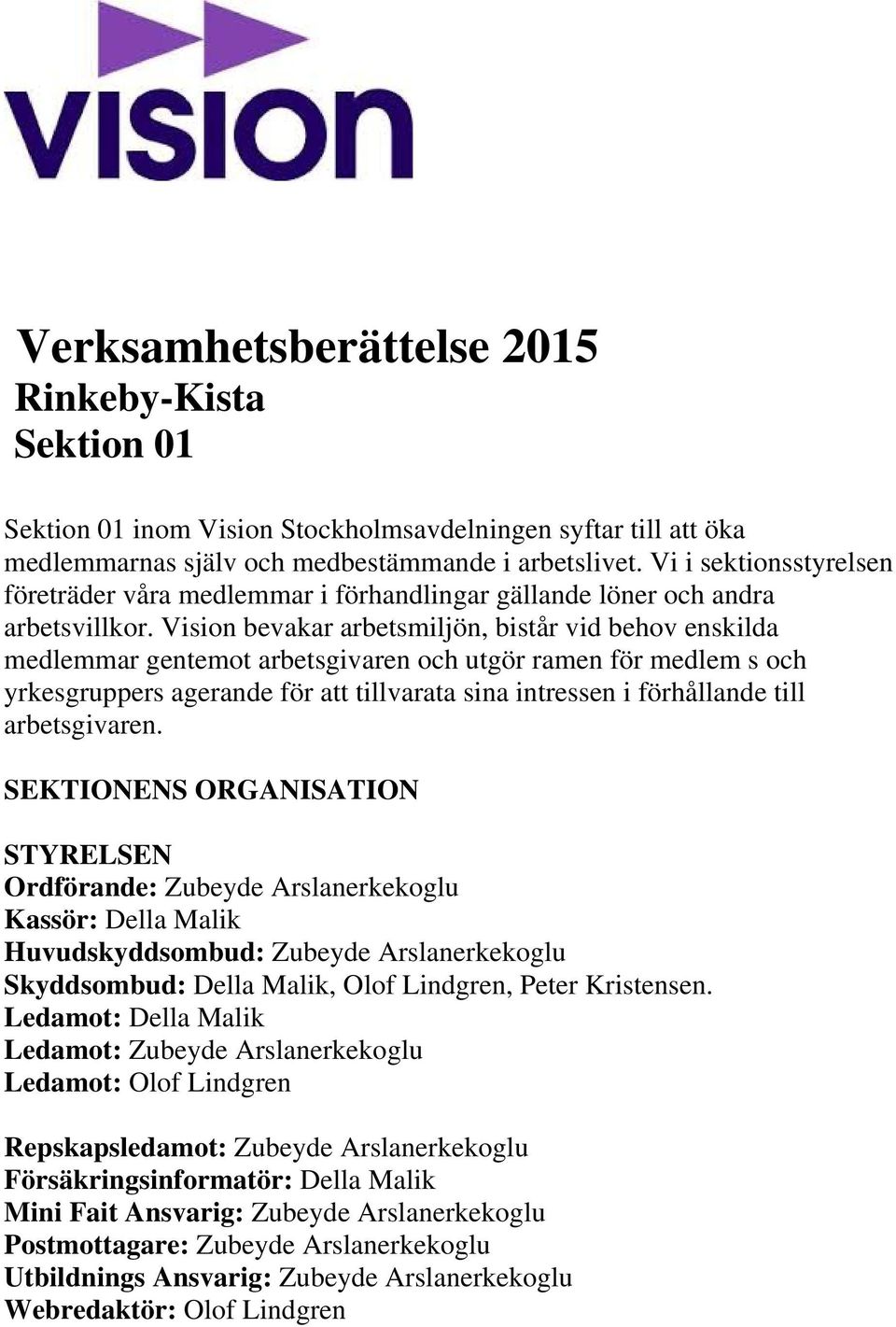 Vision bevakar arbetsmiljön, bistår vid behov enskilda medlemmar gentemot arbetsgivaren och utgör ramen för medlem s och yrkesgruppers agerande för att tillvarata sina intressen i förhållande till