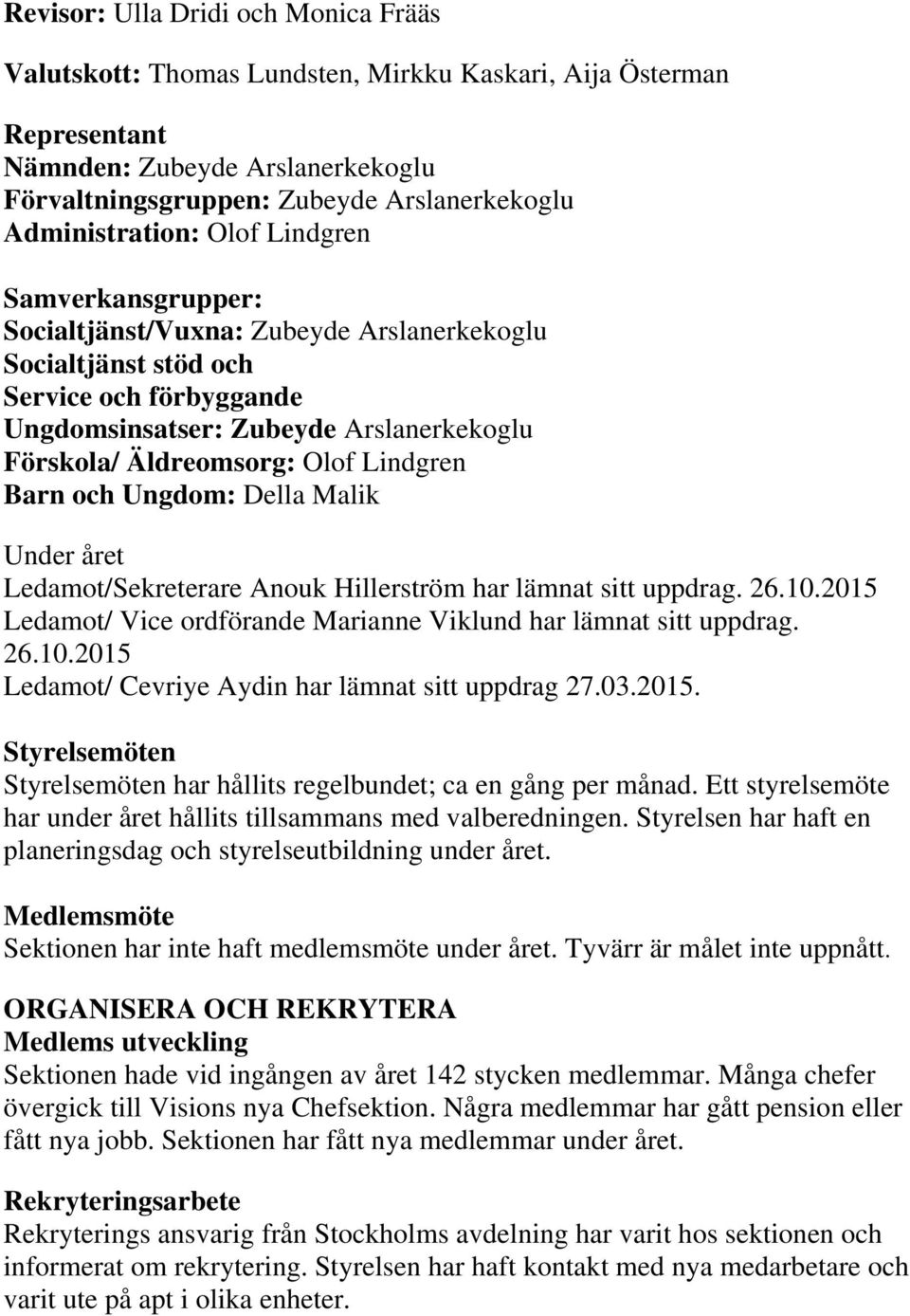 Äldreomsorg: Olof Lindgren Barn och Ungdom: Della Malik Under året Ledamot/Sekreterare Anouk Hillerström har lämnat sitt uppdrag. 26.10.