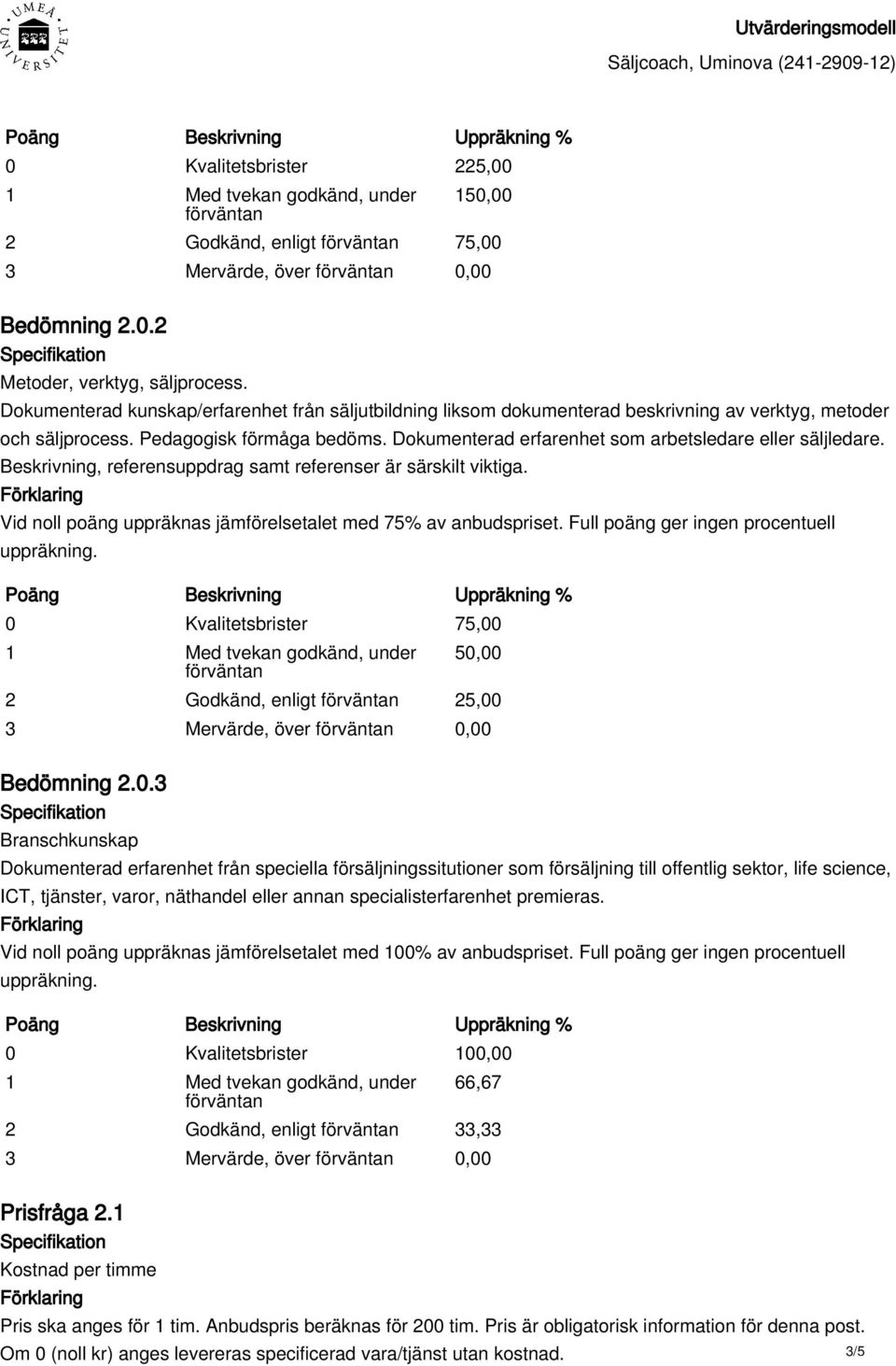 Full poäng ger ingen procentuell 0 Kvalitetsbrister 100,00 66,67 2 Godkänd, enligt 33,33 Prisfråga 2.