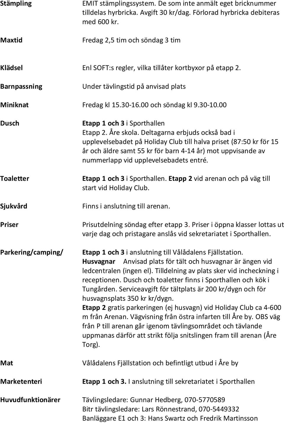 00 Dusch Toaletter Sjukvård Priser Parkering/camping/ Mat Marketenteri Etapp 1 och 3 i Sporthallen Etapp 2. Åre skola.