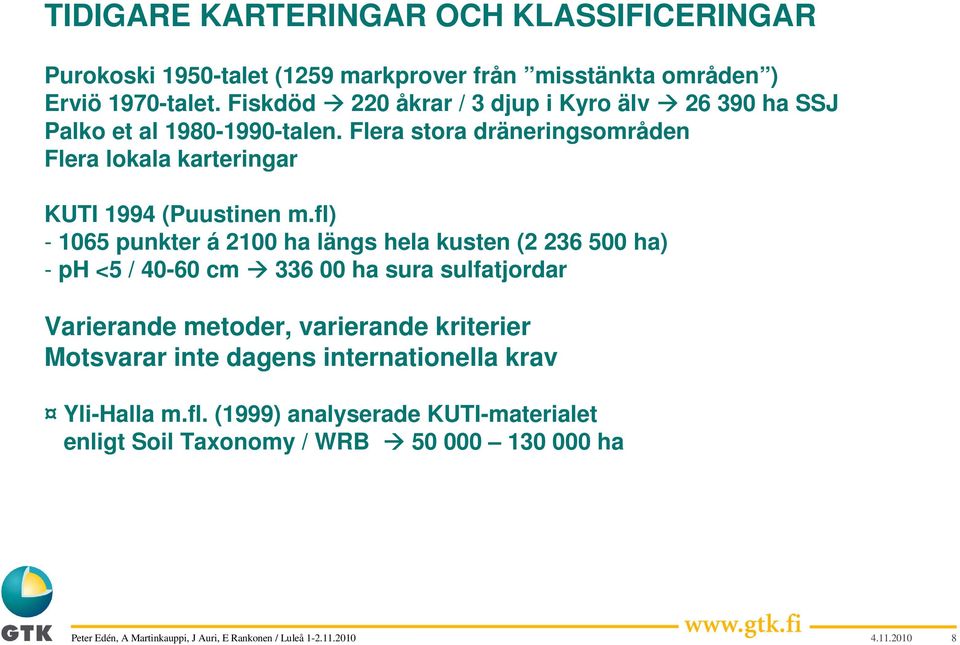 Flera stora dräneringsområden Flera lokala karteringar KUTI 1994 (Puustinen m.