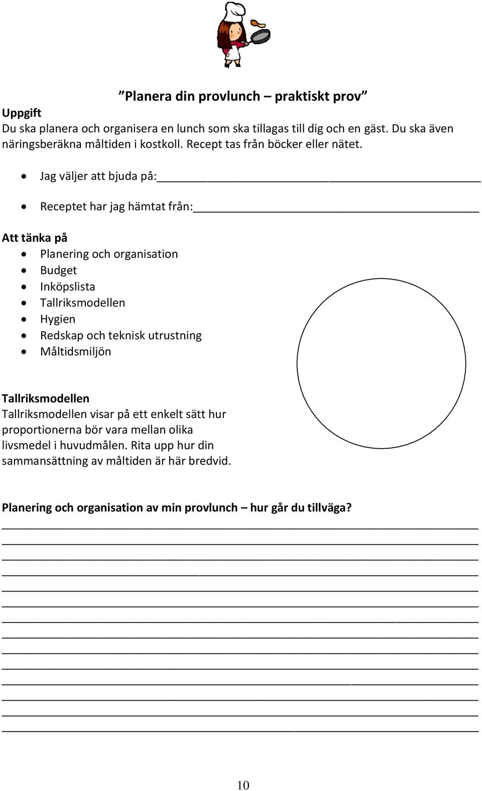 Jag väljer att bjuda på: Receptet har jag hämtat från: Att tänka på Planering och organisation Budget Inköpslista Tallriksmodellen Hygien Redskap och teknisk