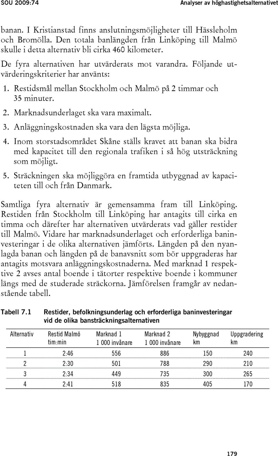 Restidsmål mellan Stockholm och Malmö på 2 timmar och 35 minuter. 2. Marknadsunderlaget ska vara maximalt. 3. Anläggningskostnaden ska vara den lägsta möjliga. 4.