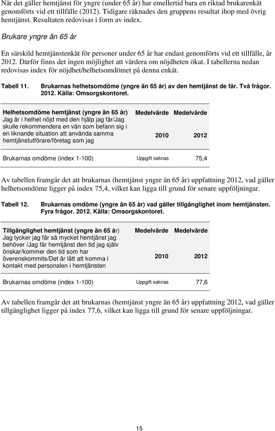 Därför finns det ingen möjlighet att värdera om nöjdheten ökat. I tabellerna nedan redovisas index för nöjdhet/helhetsomdömet på denna enkät. Tabell 11.