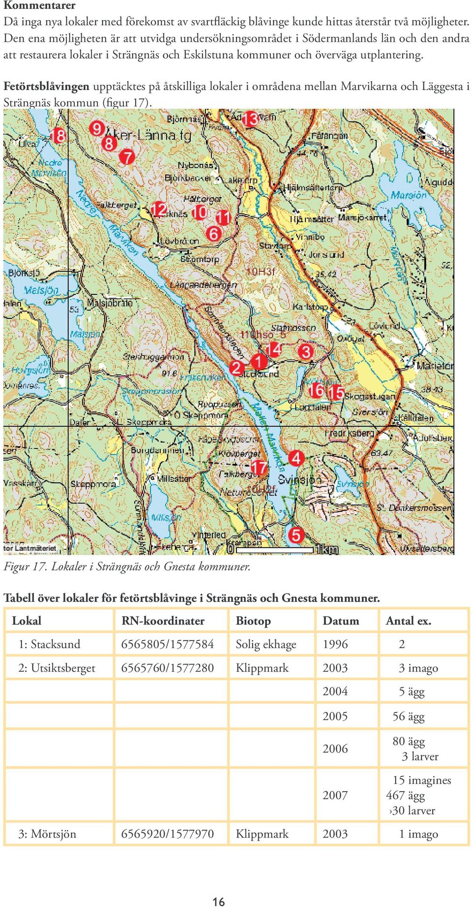 Fetörtsblåvingen upptäcktes på åtskilliga lokaler i områdena mellan Marvikarna och Läggesta i Strängnäs kommun (figur 17). Figur 17. Lokaler i Strängnäs och Gnesta kommuner.