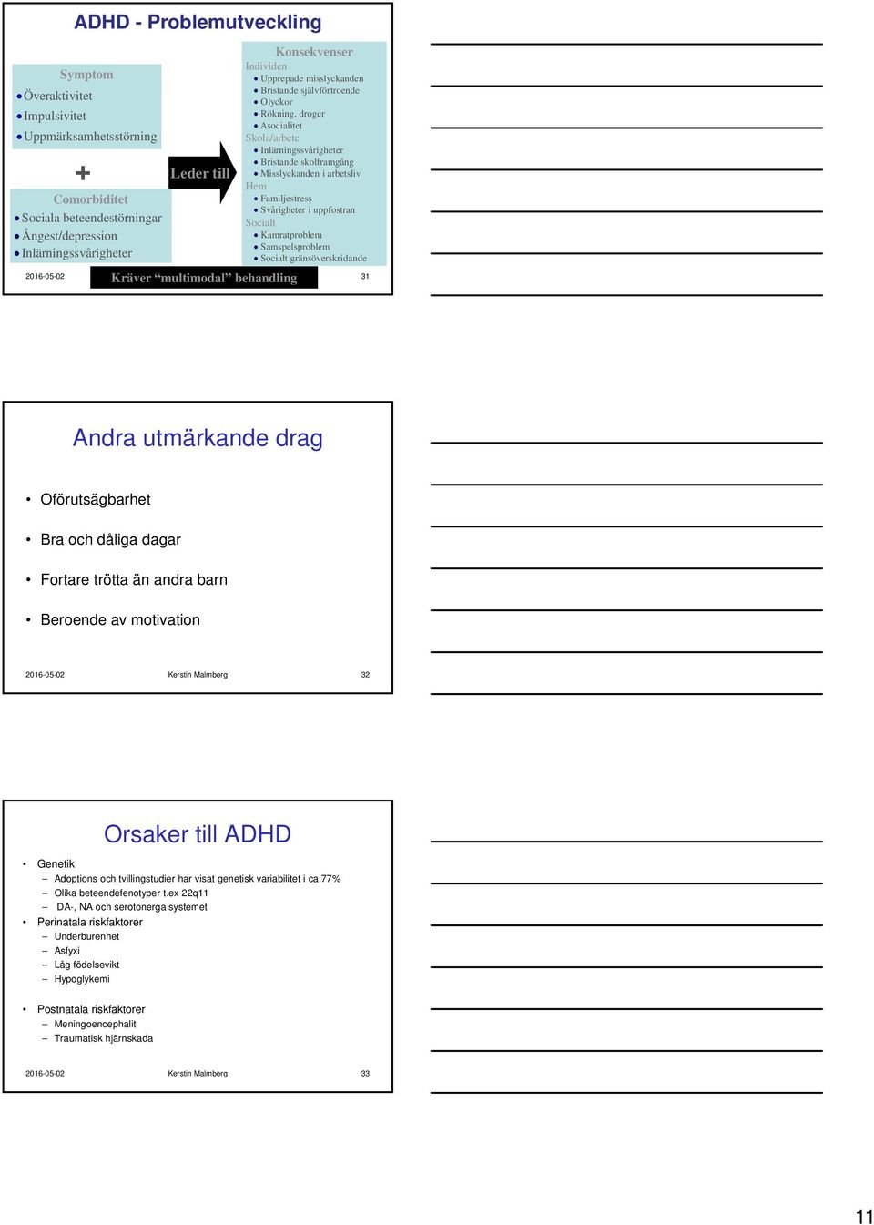 i uppfostran Socialt Kamratproblem Samspelsproblem Socialt gränsöverskridande Kräver multimodal behandling 2016-05-02 Kerstin Malmberg 31 Andra utmärkande drag Oförutsägbarhet Bra och dåliga dagar