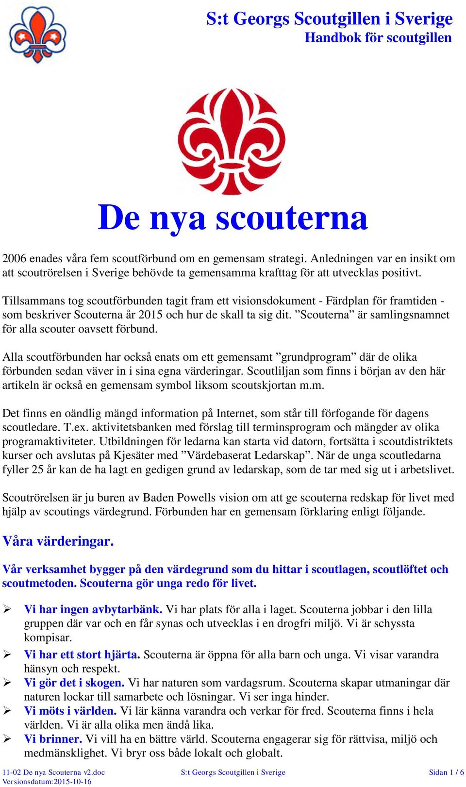 Scouterna är samlingsnamnet för alla scouter oavsett förbund. Alla scoutförbunden har också enats om ett gemensamt grundprogram där de olika förbunden sedan väver in i sina egna värderingar.