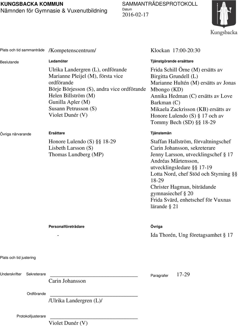Lulendo (S) 18-29 Lisbeth Larsson (S) Thomas Lundberg (MP) Tjänstgörande ersättare Frida Schill Örne (M) ersätts av Birgitta Grundell (L) Marianne Hultén (M) ersätts av Jonas Mbongo (KD) Annika