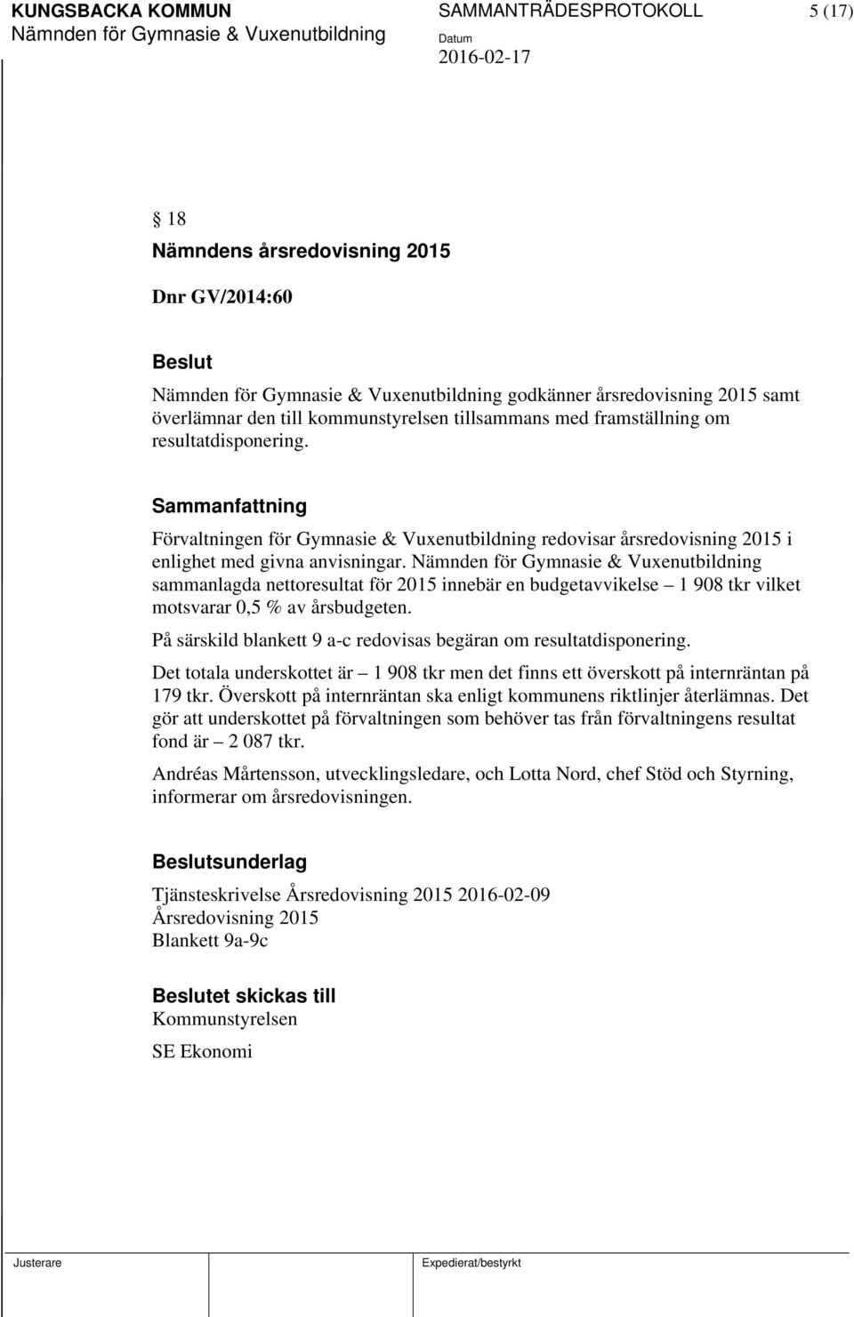Nämnden för Gymnasie & Vuenutbildning sammanlagda nettoresultat för 2015 innebär en budgetavvikelse 1 908 tkr vilket motsvarar 0,5 % av årsbudgeten.