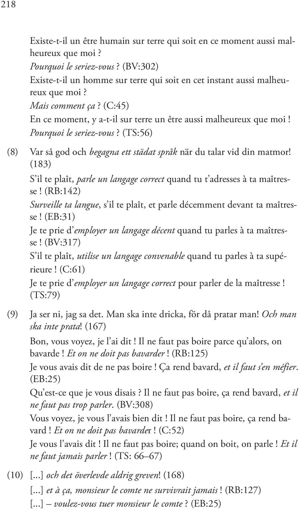 Pourquoi le seriez-vous? (TS:56) (8) Var så god och begagna ett städat språk när du talar vid din matmor! (183) S il te plaît, parle un langage correct quand tu t adresses à ta maîtresse!
