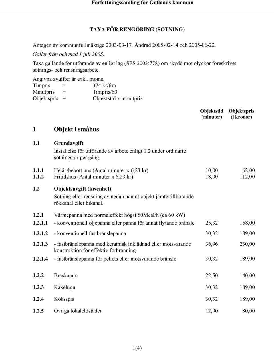 Timpris = 374 kr/tim Minutpris = Timpris/60 Objektspris = Objektstid x minutpris Objektstid (minuter) Objektspris (i kronor) 1 Objekt i småhus 1.