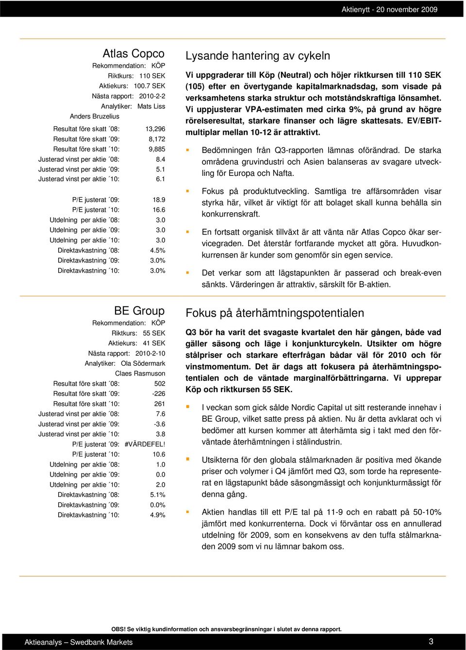 4 Justerad vinst per aktie 09: 5.1 Justerad vinst per aktie 10: 6.1 P/E justerat 09: 18.9 P/E justerat 10: 16.6 Utdelning per aktie 08: 3.0 Utdelning per aktie 09: 3.0 Utdelning per aktie 10: 3.