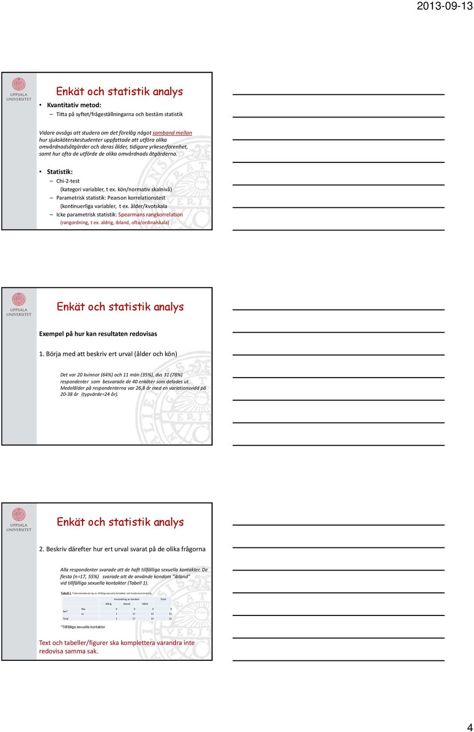 kön/normativ skalnivå) Parametrisk statistik: Pearson korrelationstest (kontinuerliga variabler, t ex. ålder/kvotskala Icke parametrisk statistik: Spearmans rangkorrelation (rangordning, t ex.