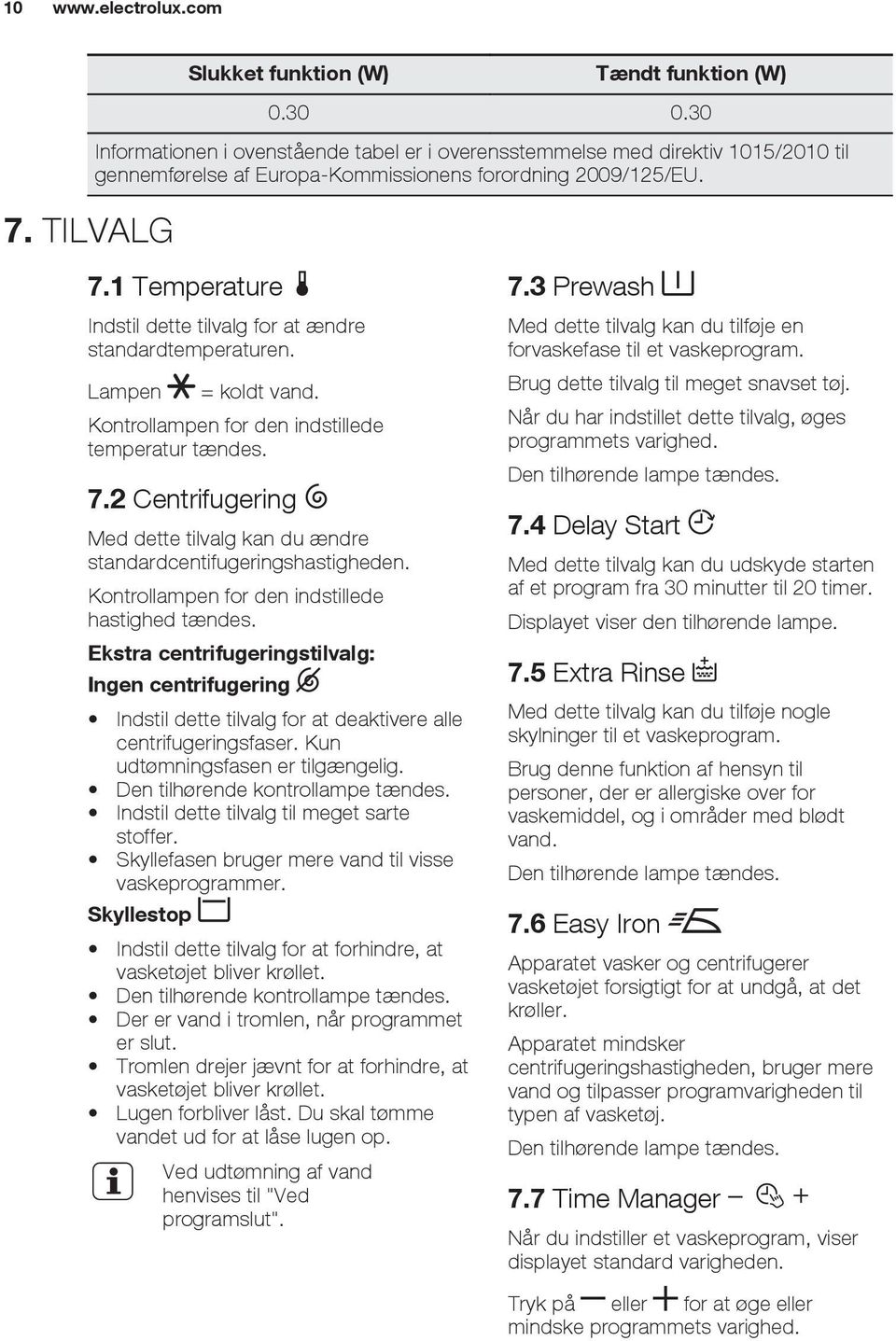 1 Temperature Indstil dette tilvalg for at ændre standardtemperaturen. Lampen = koldt vand. Kontrollampen for den indstillede temperatur tændes. 7.