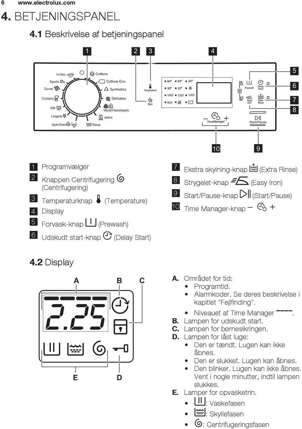 (Centrifugering) 3 Temperaturknap (Temperature) 4 Display 5 Forvask-knap (Prewash) 7 Ekstra skylning-knap (Extra Rinse) 8 Strygelet-knap (Easy Iron) 9 Start/Pause-knap (Start/Pause) 10 Time