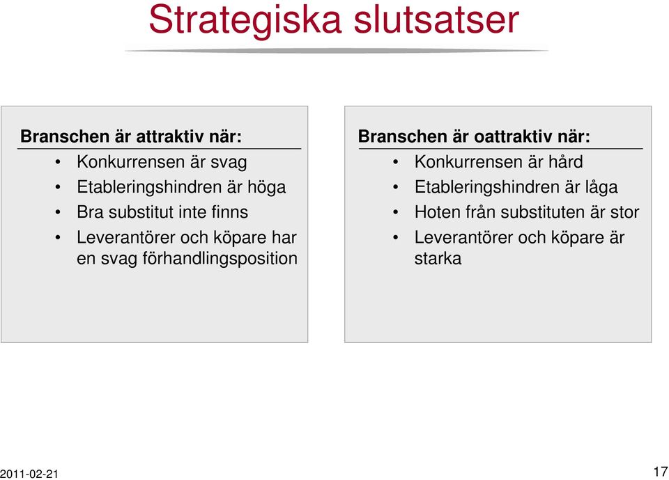 svag förhandlingsposition Branschen är oattraktiv när: Konkurrensen är hård