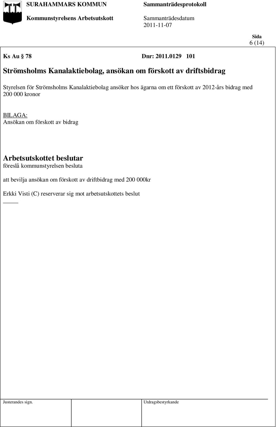 Strömsholms Kanalaktiebolag ansöker hos ägarna om ett förskott av 2012-års bidrag med 200 000