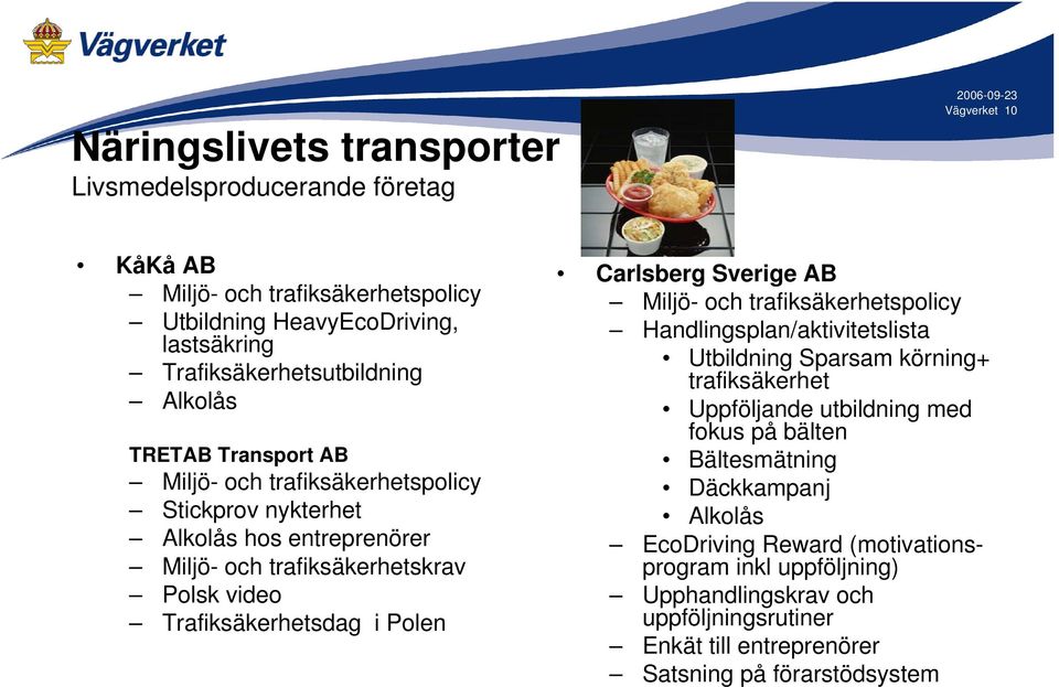 Trafiksäkerhetsdag i Polen Carlsberg Sverige AB Miljö- och trafiksäkerhetspolicy Handlingsplan/aktivitetslista Utbildning Sparsam körning+ trafiksäkerhet Uppföljande utbildning