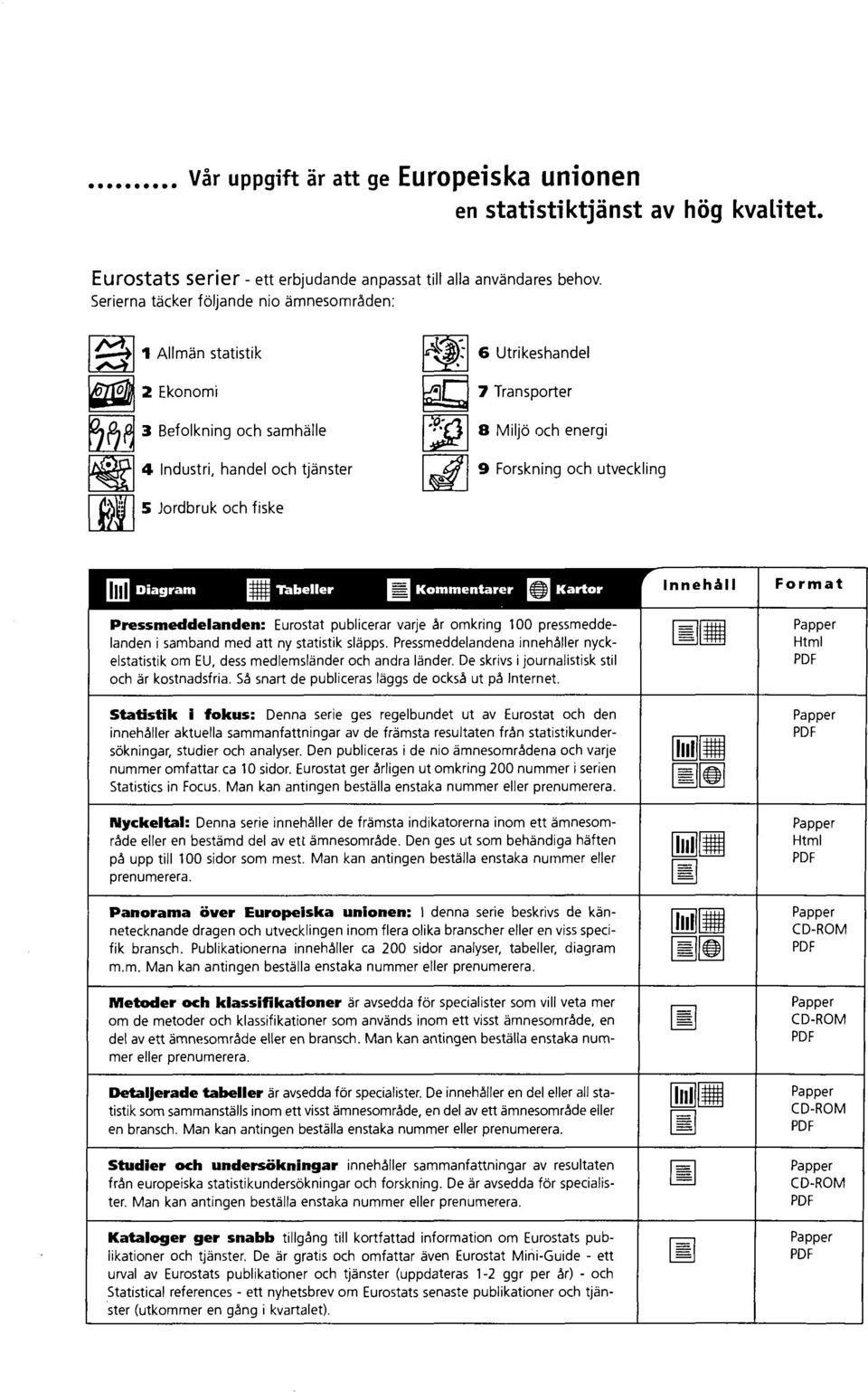 Forskning och utveckling 5 Jordbruk och fiske Diagram Kommentarer l===] Kartar Pressmeddelanden: Eurostat publicerar varje år omkring 100 pressmeddelanden i samband med att ny statistik släpps.