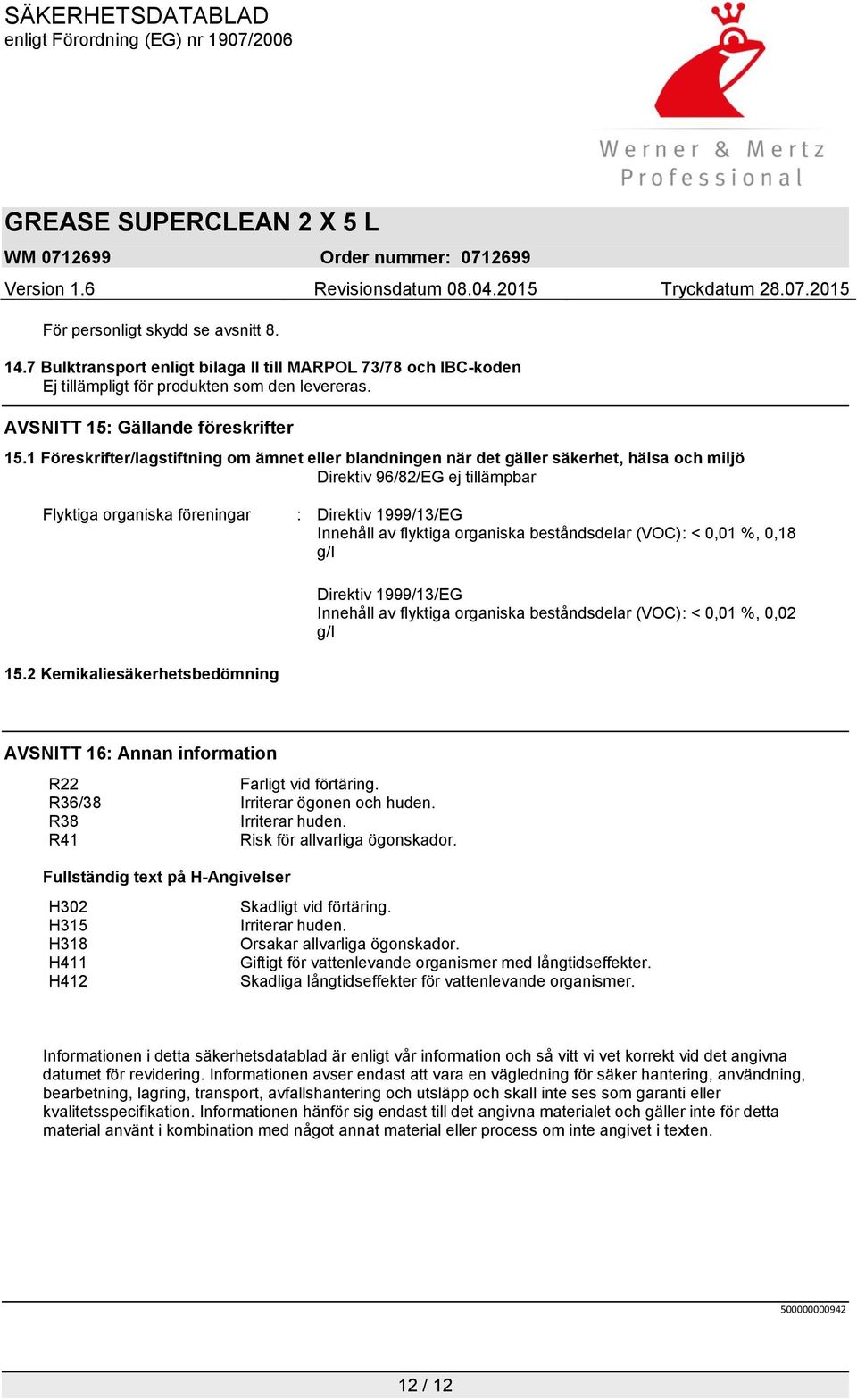 flyktiga organiska beståndsdelar (VOC): < 0,01 %, 0,18 g/l Direktiv 1999/13/EG Innehåll av flyktiga organiska beståndsdelar (VOC): < 0,01 %, 0,02 g/l 15.