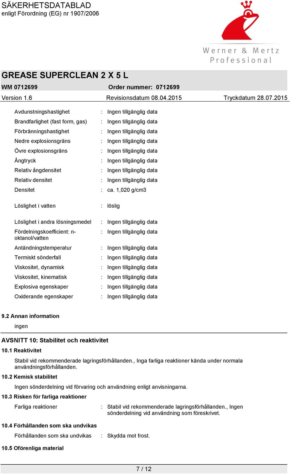 egenskaper : ca. 1,020 g/cm3 : löslig 9.2 Annan information ingen AVSNITT 10: Stabilitet och reaktivitet 10.1 Reaktivitet Stabil vid rekommenderade lagringsförhållanden.