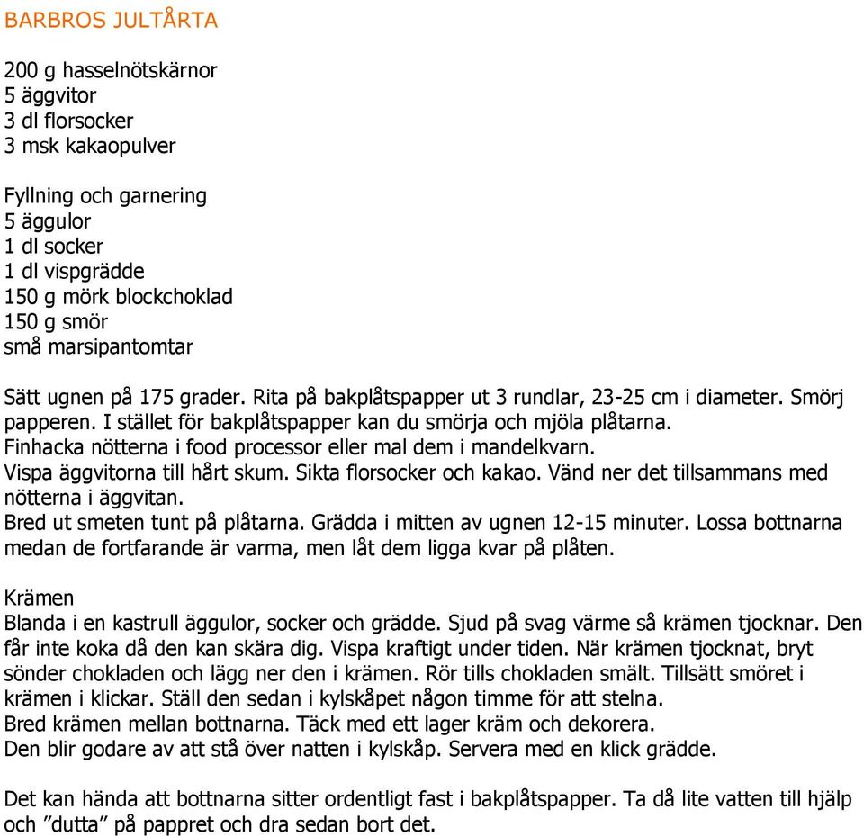 Finhacka nötterna i food processor eller mal dem i mandelkvarn. Vispa äggvitorna till hårt skum. Sikta florsocker och kakao. Vänd ner det tillsammans med nötterna i äggvitan.