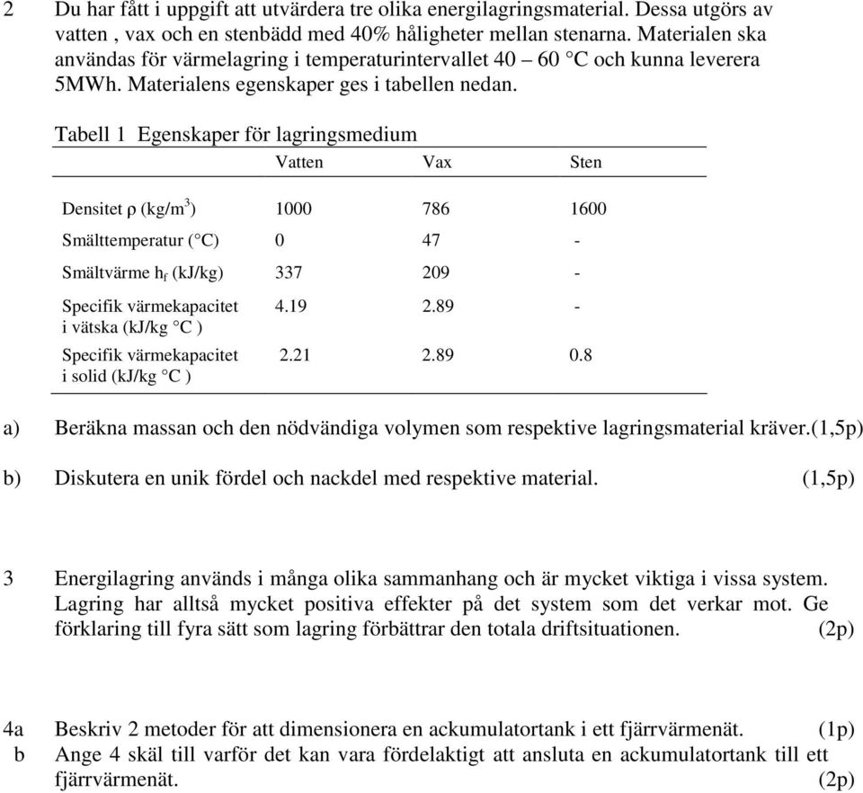 abell 1 Egenskaper för lagringsmedium Vatten Vax Sten Densitet (kg/m 3 ) 1000 786 1600 Smälttemperatur ( C) 0 47 - Smältvärme h f (kj/kg) 337 09 - Specifik värmekapacitet i vätska (kj/kg C ) Specifik