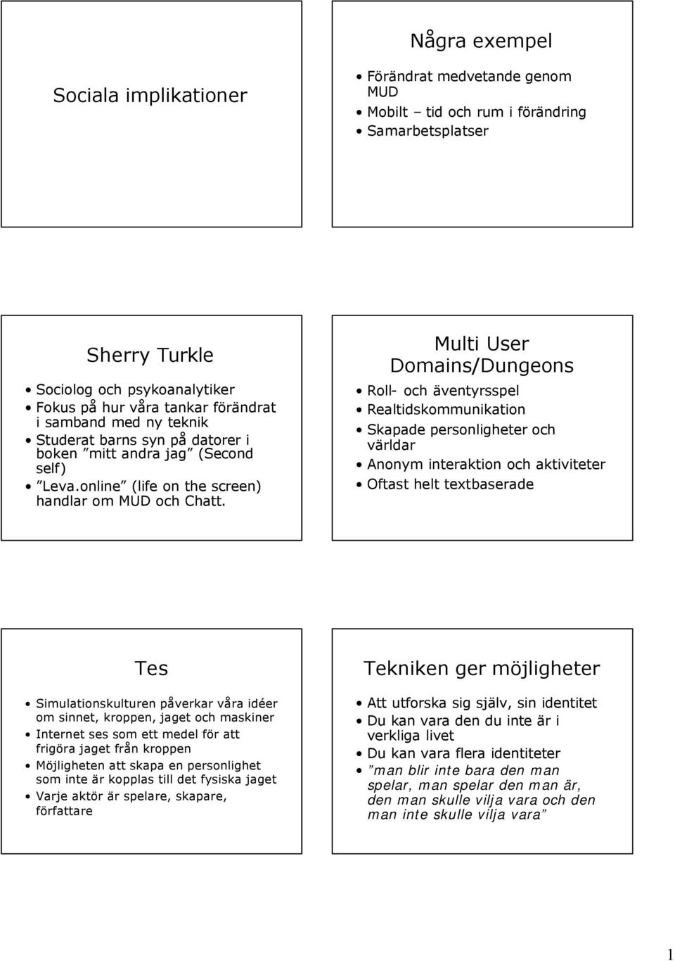 Multi User Domains/Dungeons Roll- och äventyrsspel Realtidskommunikation Skapade personligheter och världar Anonym interaktion och aktiviteter Oftast helt textbaserade Tes Simulationskulturen